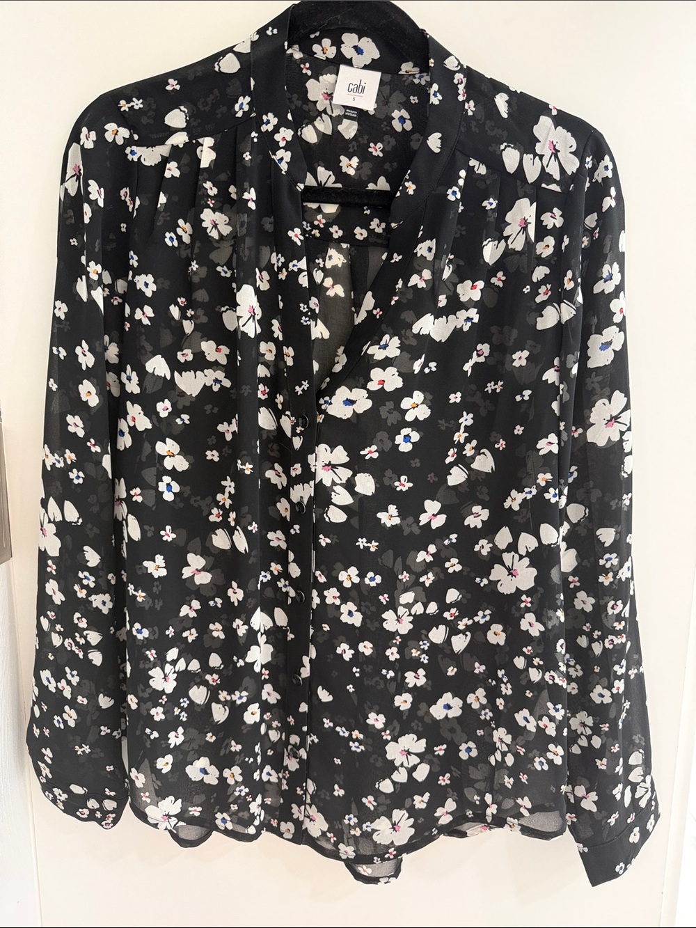 CAbi Black Floral Tie-Neck Long-Sleeve Blouse